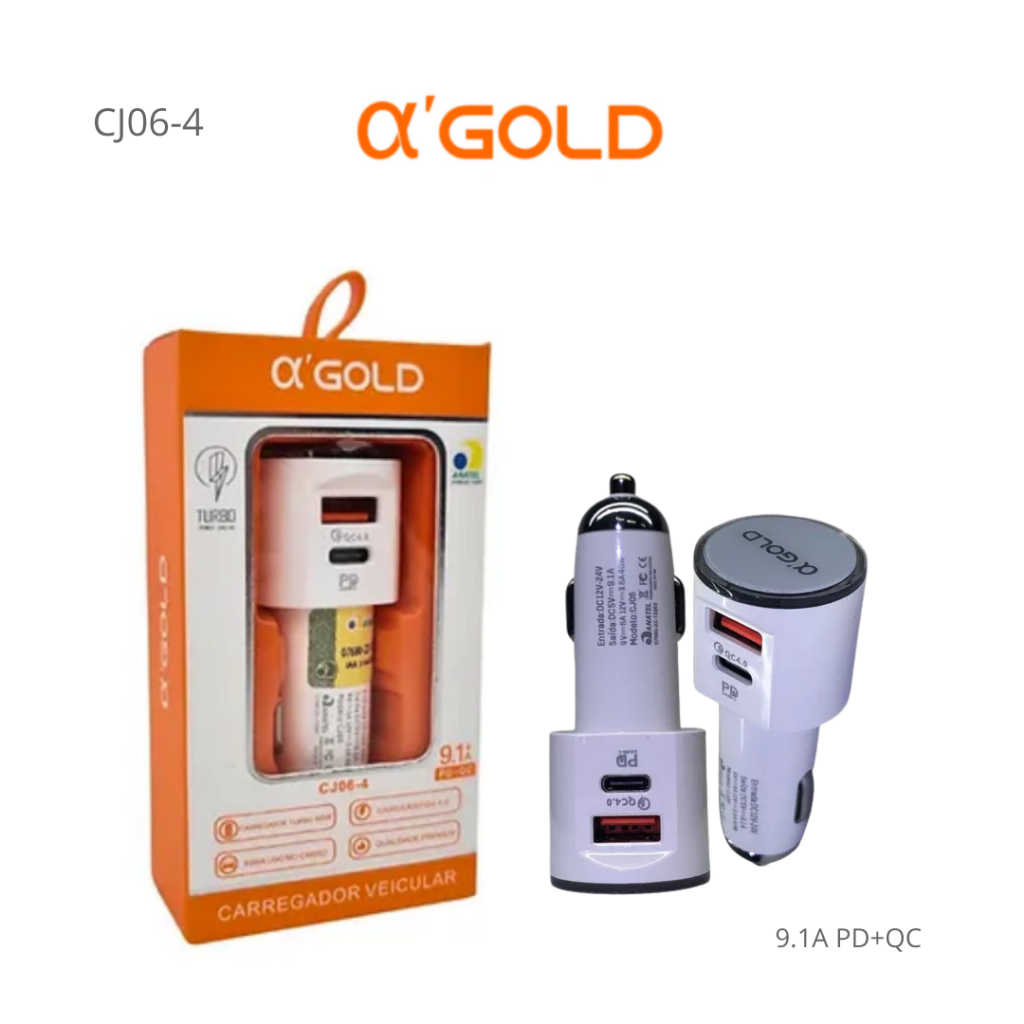 Carregador Veicular A' Gold / Carregador Para Veiculo PD+QC 9.1A 40W / CJ06-4.