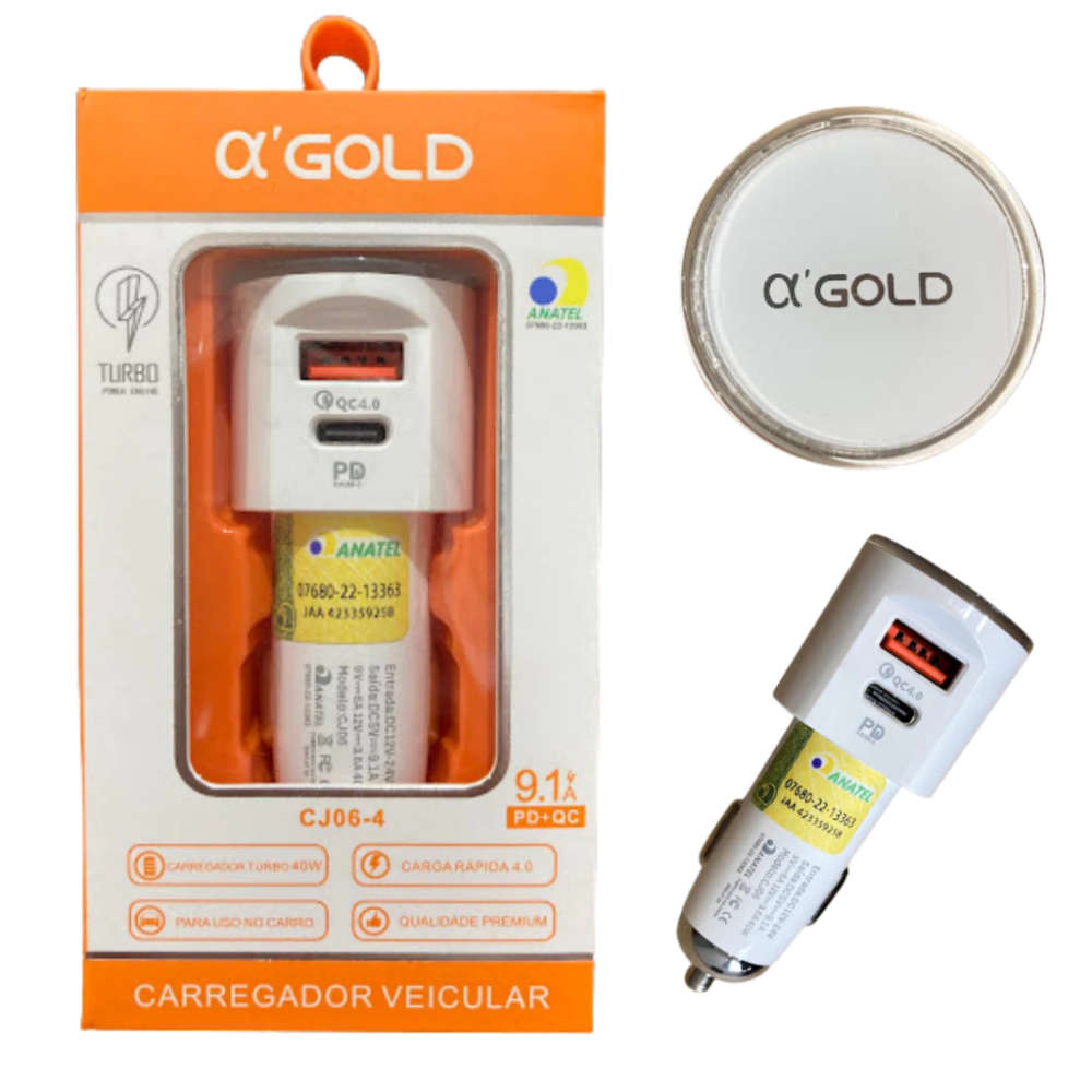 Carregador Veicular Turbo 40w 9.1a USB Com Entrada TIPO-C Modelo A'GOLD