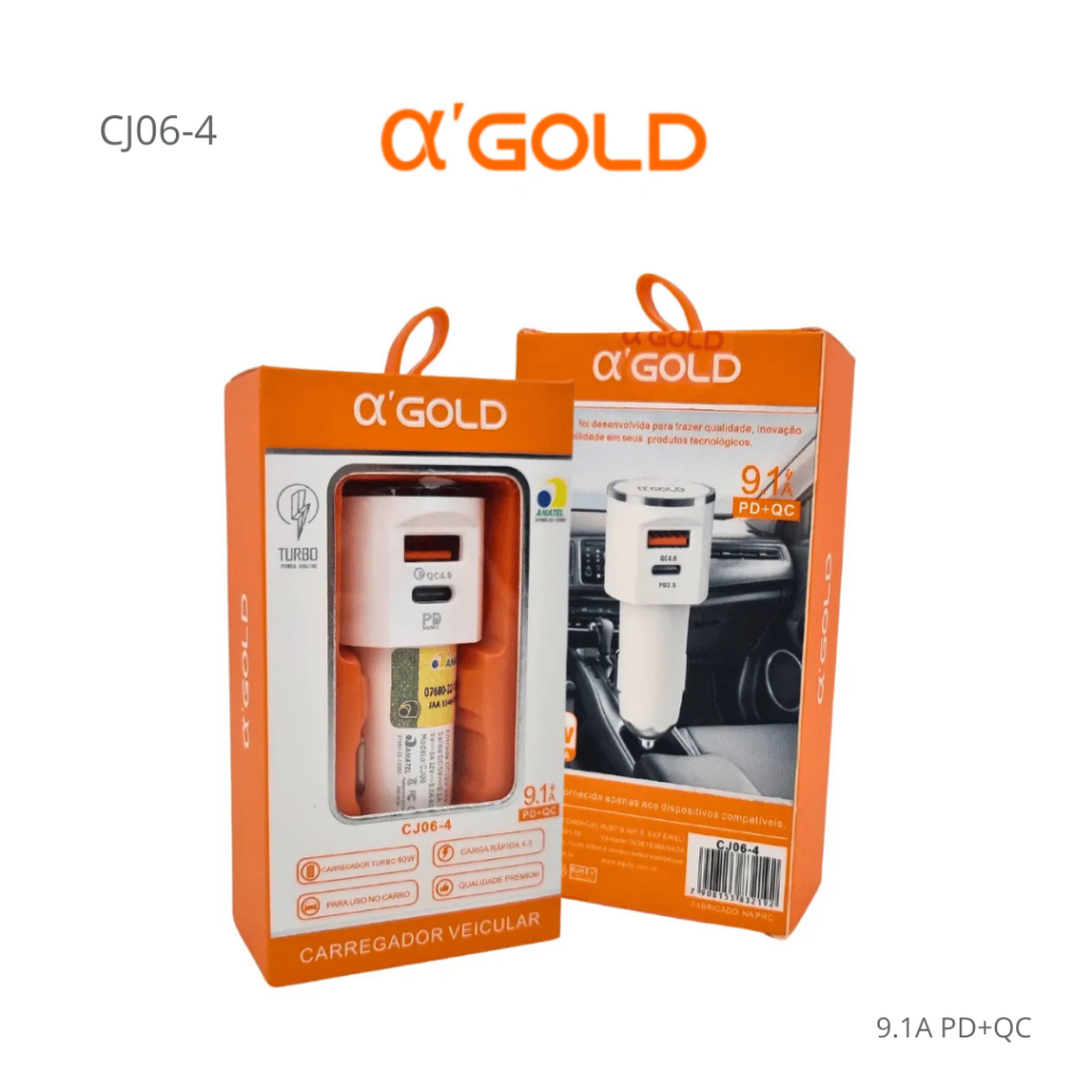 Carregador Veicular A' Gold / Carregador Para Veiculo PD+QC 9.1A 40W / CJ06-4.