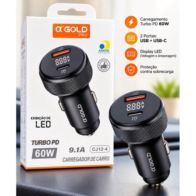 Carregador Veicular Turbo 60W USB e USB-C PD 9.1A com Display LED de Voltagem α’GOLD PRO CJ12-4