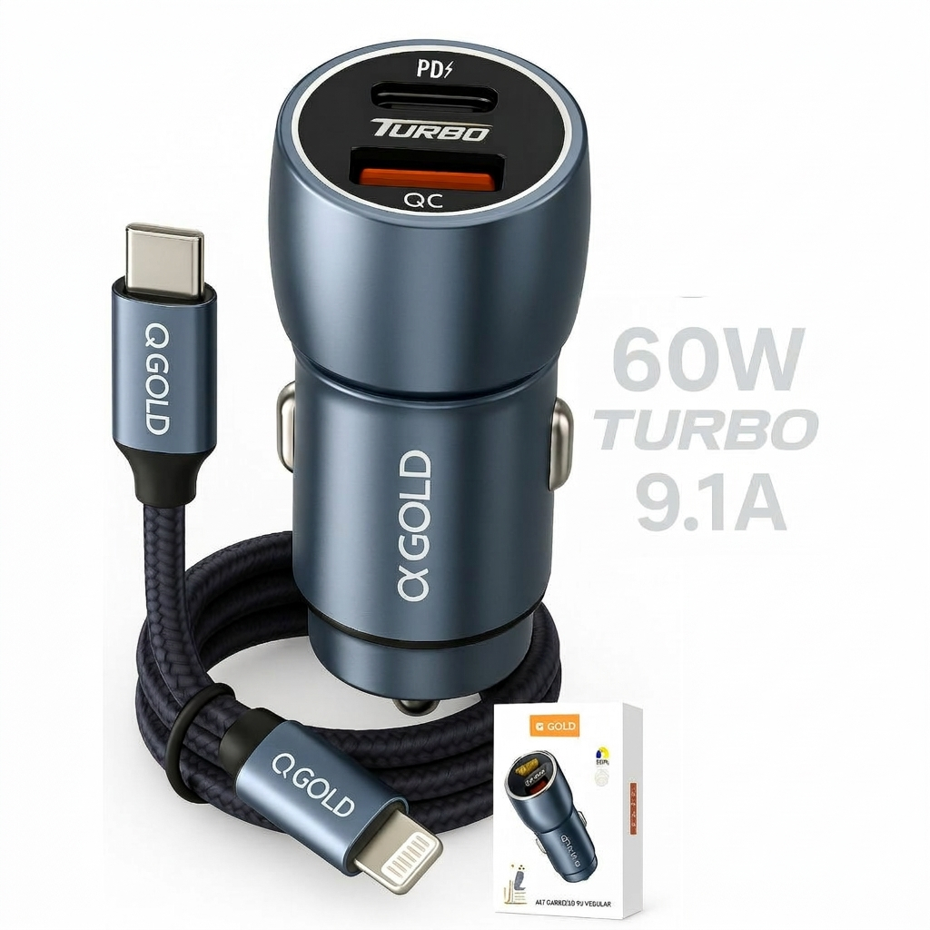Kit Carregador Veicular TURBO A'gold Original - 9.1A 60W + Cabo USB-C Duplo 1 Metro