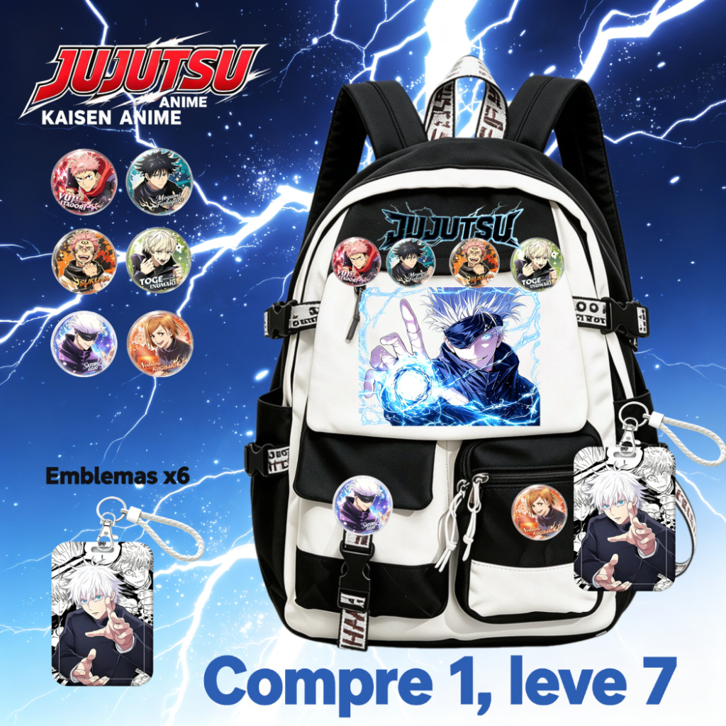 Spell Fighting Anime Student Schoolbag Preto Branco Cor Combinando Grátis 6 Emblemas + 1 Porta Cartão