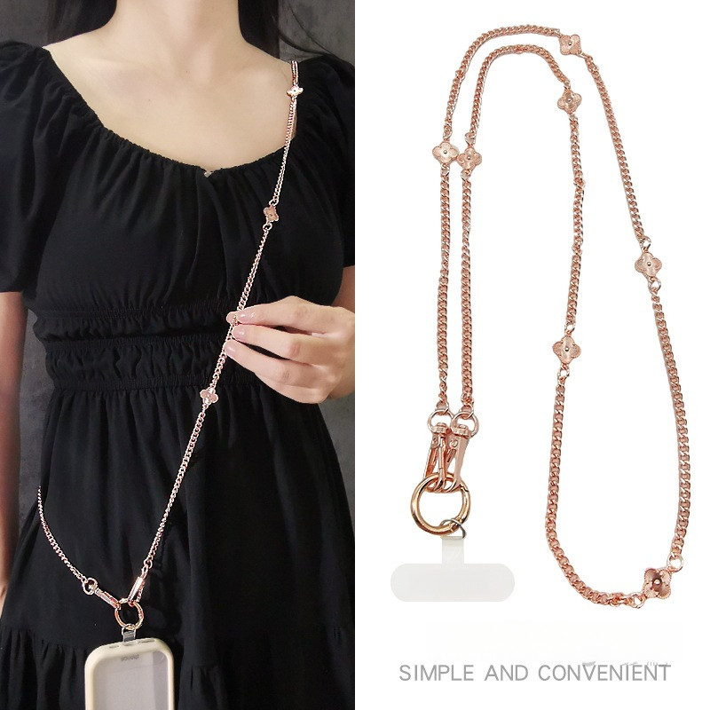 Ins Simples Luz Luxo Trevo de Quatro Folhas Metal Corrente para Celular Rosa Ouro Prata Longo Cross-body Alça para Celul