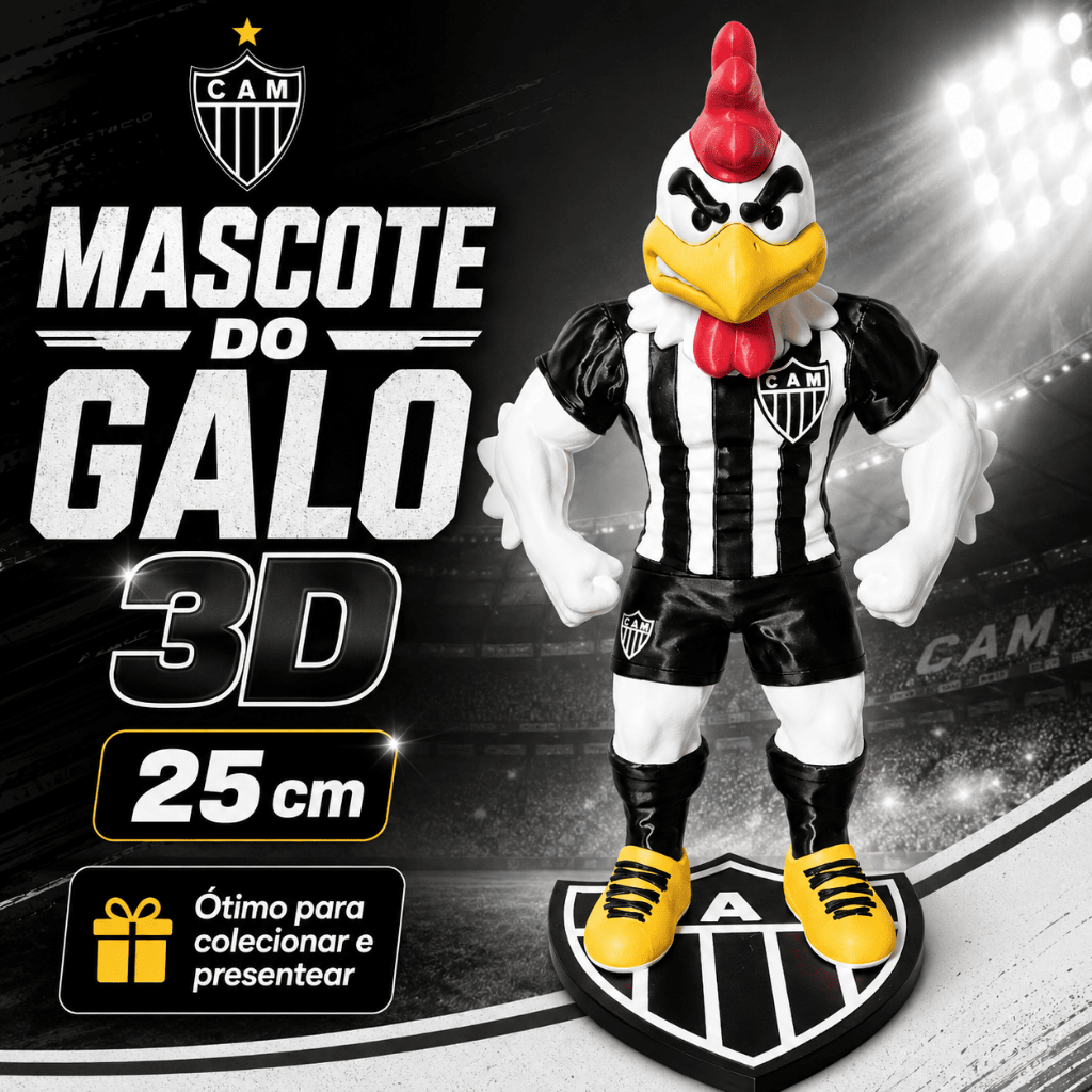 Mascote do Galo doido  25cm Boneco Decorativo 3D Atlético Preto e Branco + Brinde