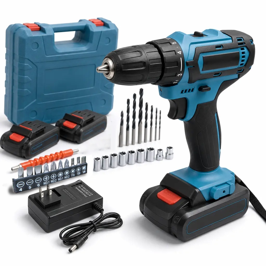 Cordless Impact Drill Screwdriver Two Rechargeable Batteries 28 Accessories in Tool Case 48V/21V/12V
