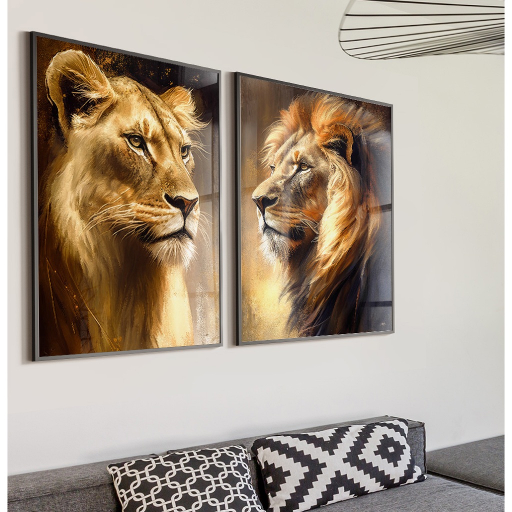 Quadro De Leao Para Sala Kit 2 Quadros Decorativos Com Moldura Quadro Para Quarto Casal De Leões