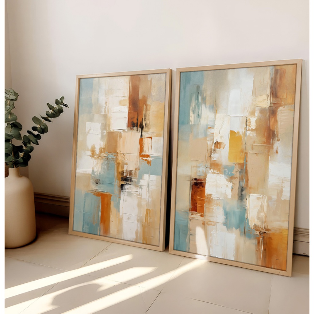 Quadros Decorativos Com Moldura Filete Quarto Duo Pintura Abstrata Expressionista Pinceladas Azul