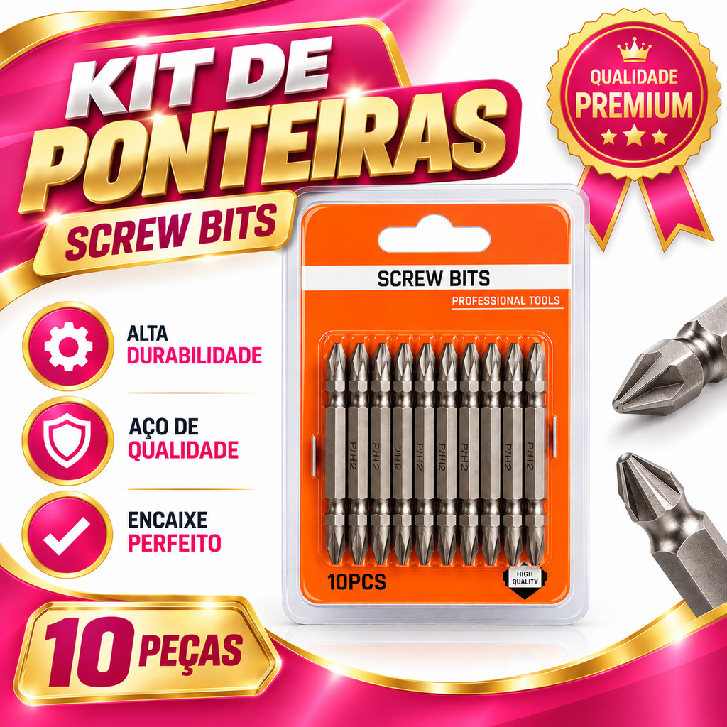 Kit Ponteira Parafusadeira Com 10 Bit Ponta Dupla Magnético