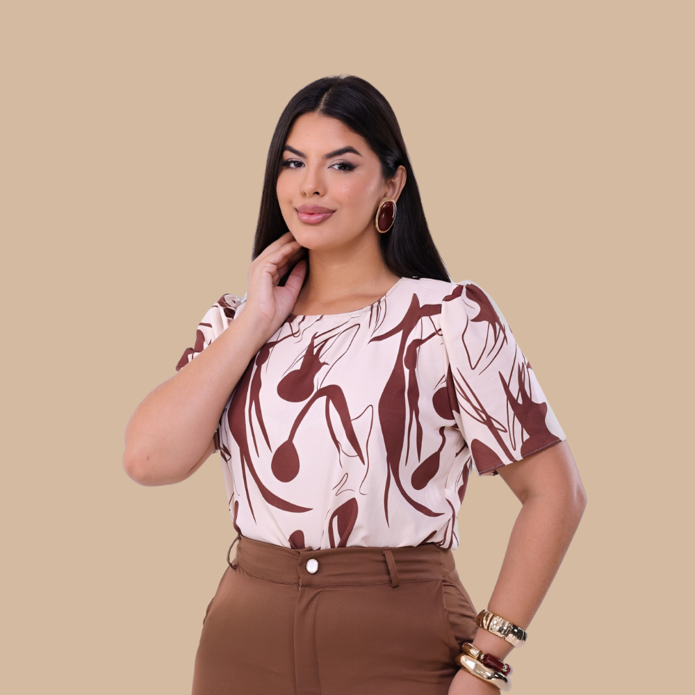 Blusa Nara, Feminina Social Manga Curta  Elegante Trabaho e Ocasião Formal