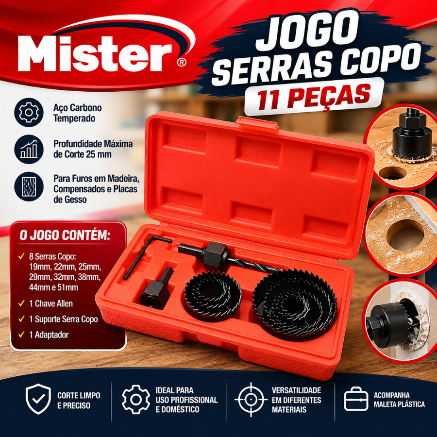 Jogo De Serra Copo Para Madeira Com 11 Peças Mister - Ferramentas