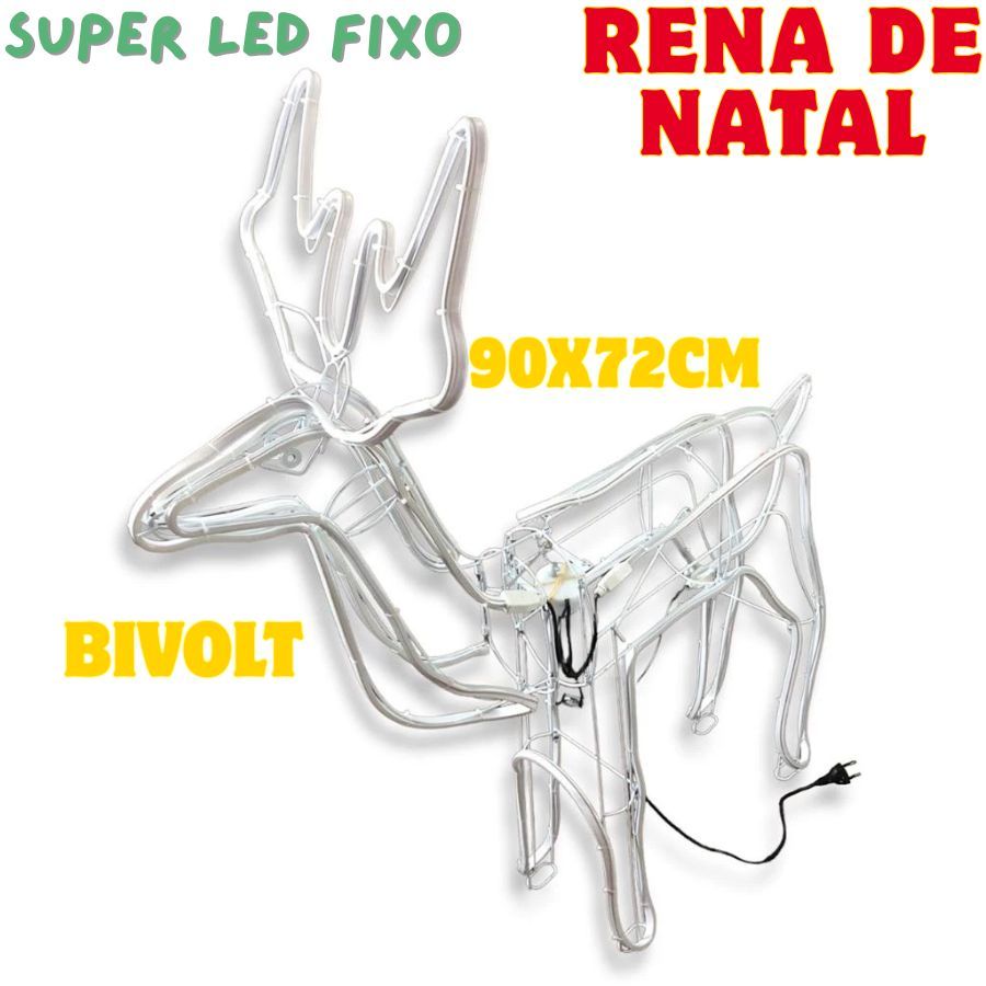 Rena De Natal 90x72Cm Bivolt 110V/220V Mangueira Branco Ou Warm Super LED Fixo Natalina