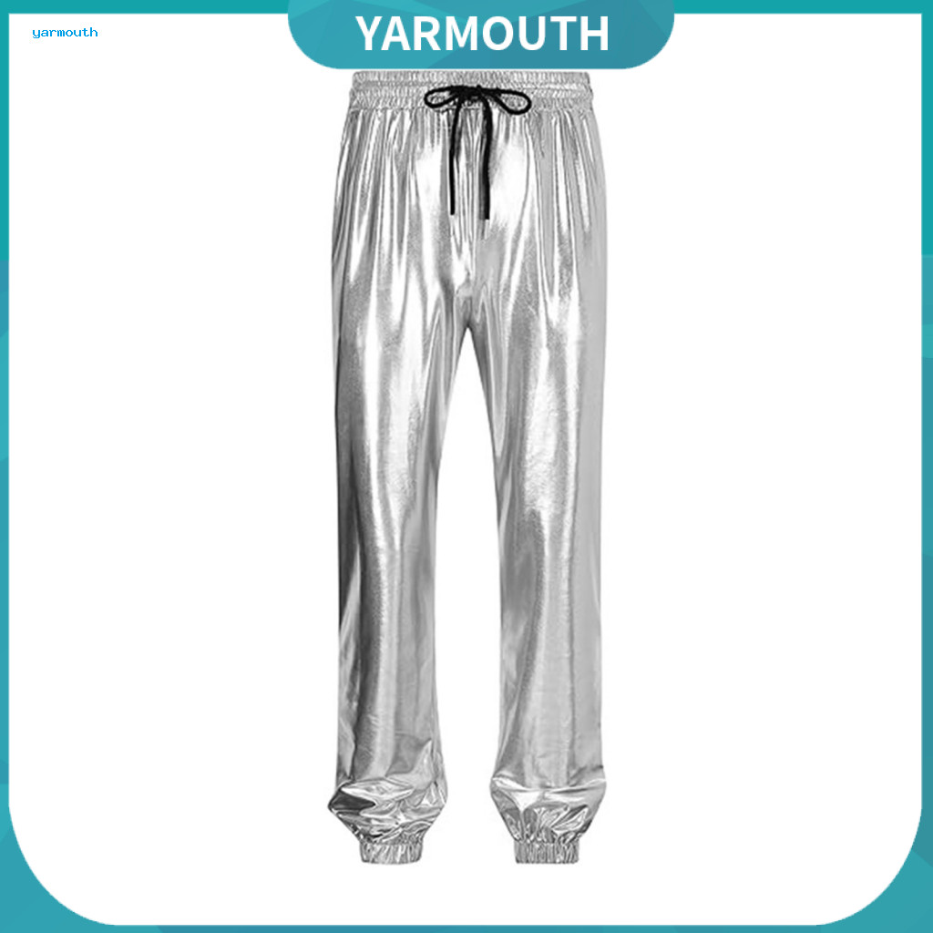 Men Stage Bottoms Performance Occasion Trousers Men's Glossy Disco Pants with Drawstring Waist Elastic Ankle Bands Pocke