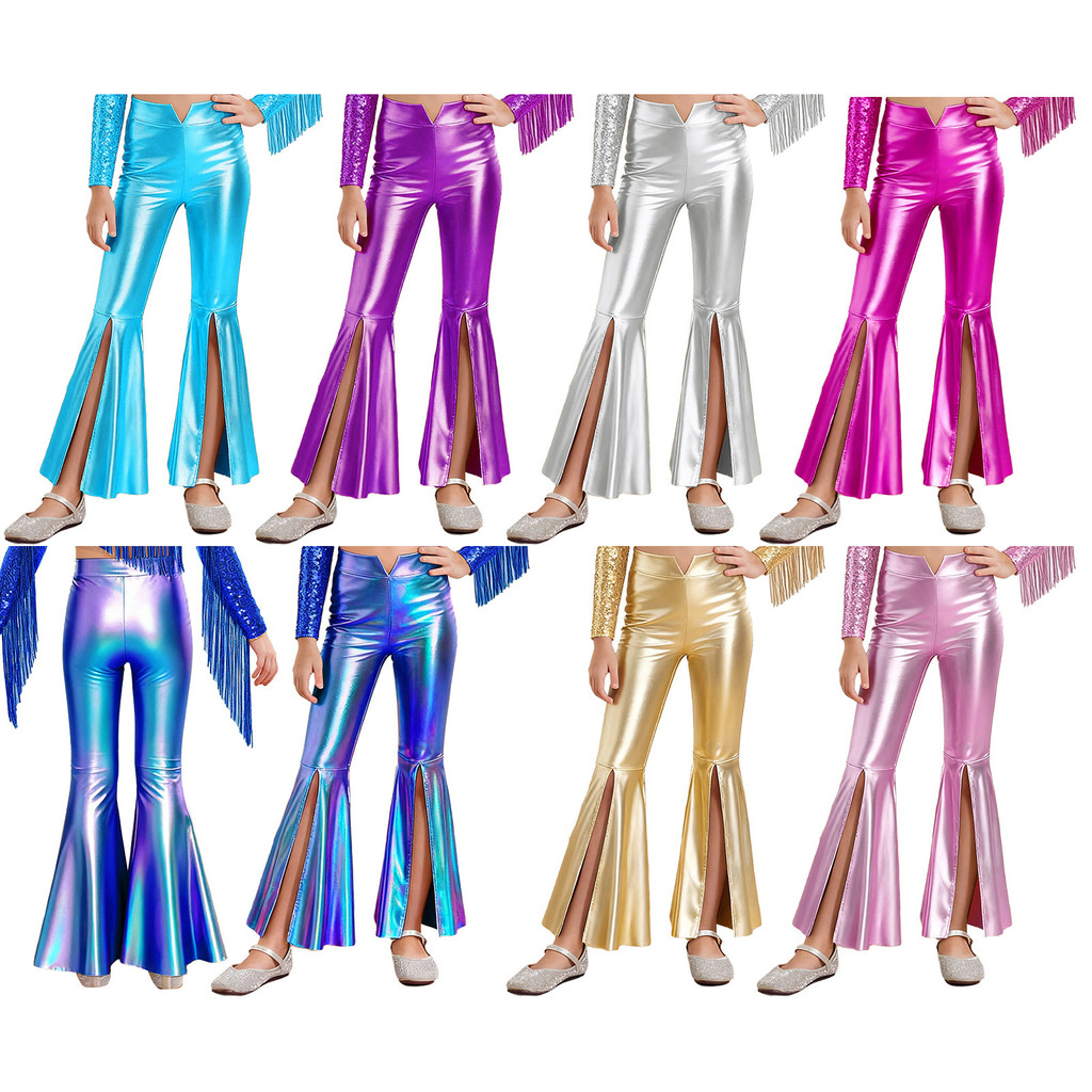 inhzoy Kids Girls Pageant Costume Split Bell-Bottom Metallic Pants for Dance Stage Performance Competition