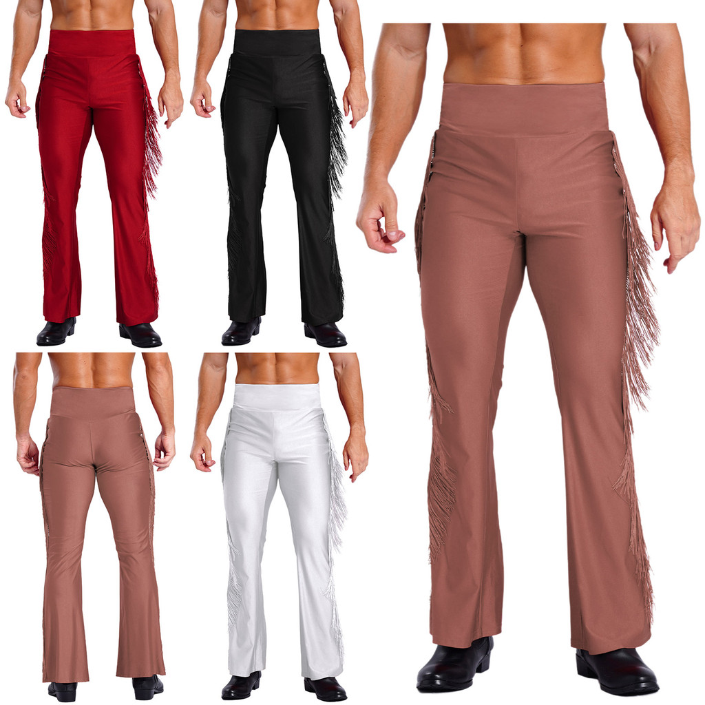 inhzoy Mens Tassel Flared Pants Vintage High Waist Bell-Bottom Trousers for Dance Stage Performance Theme Party