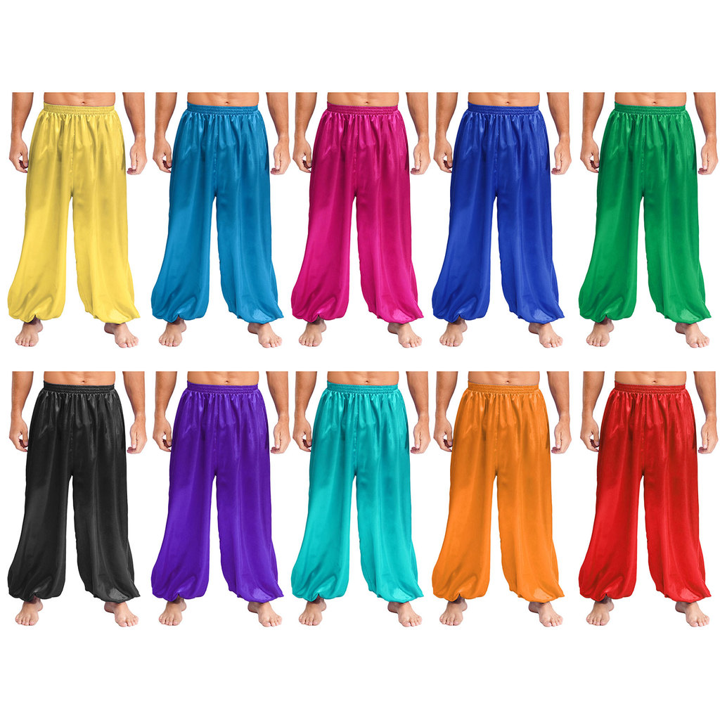 inhzoy Men Belly Dance Pants Casual Loose Solid Color Elastic Waistband Satin Bloomers for Stage Performance Theme Party