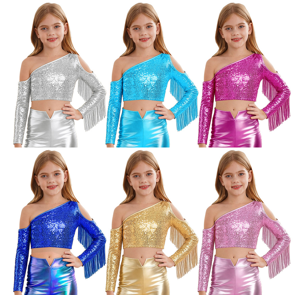 inhzoy Kids Girls Pageant Stage Performance Costume One Shoulder Long Sleeve Tassels Shiny Sequins Crop Top