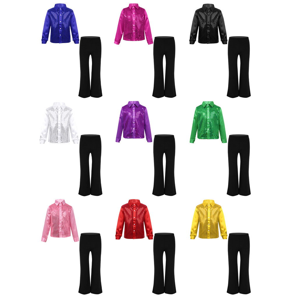 inhzoy Kids Boys Long Sleeve Button-Down Glittery Sequined Shirt with Pants for Jazz Dance Stage Performance