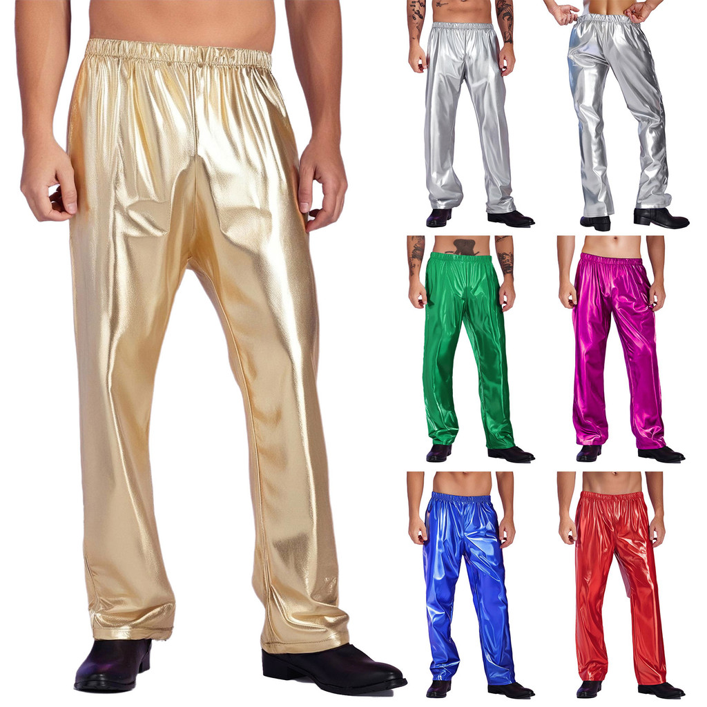 inhzoy Men Elastic Waistband Metallic Pants Jazz Dance Halloween Theme Party Stage Performance Costume