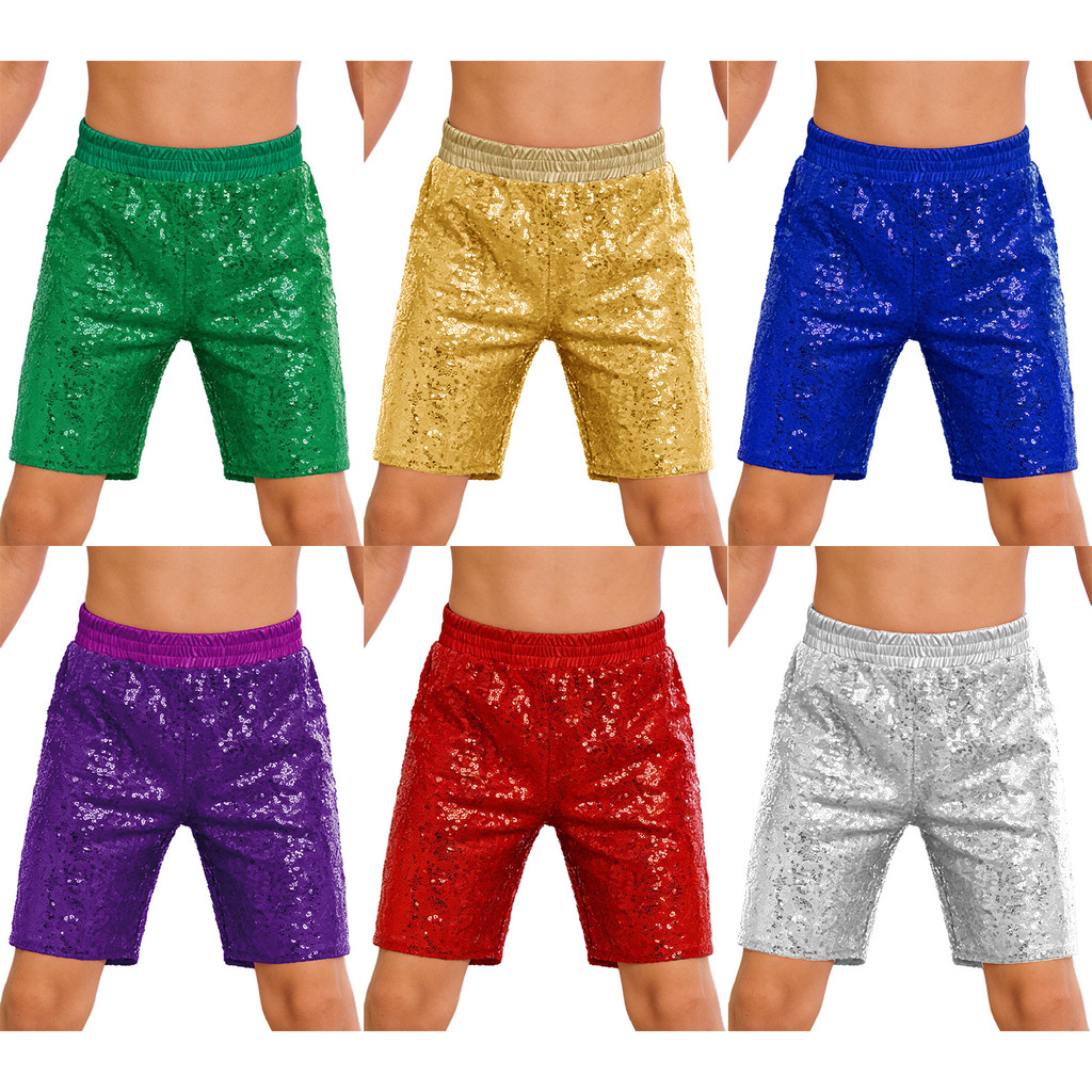 inhzoy Kids Boys Jazz Dance Stage Performance Costume Elastic Waistband Soft Lining Shiny Sequins Shorts with Pockets