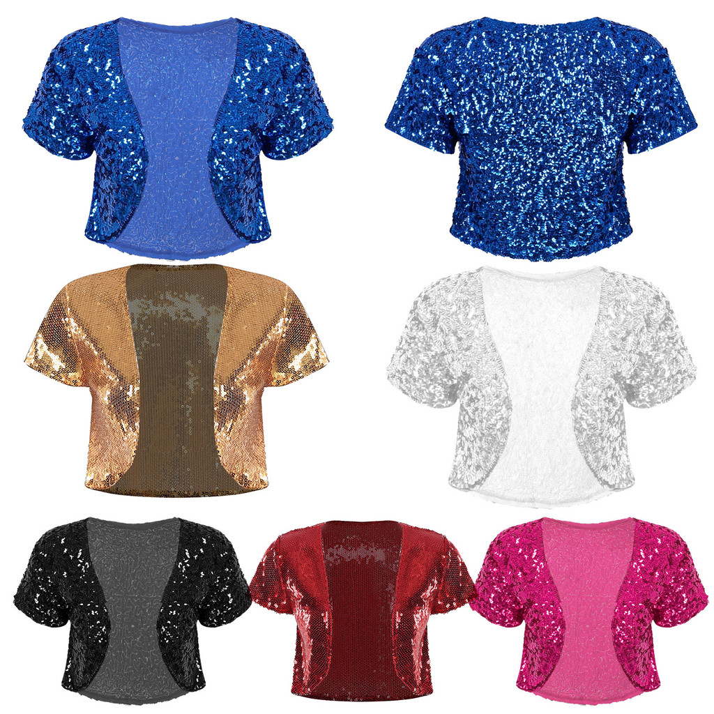 inhzoy Women Shiny Sequin Cropped Jacket Coat Glitter Waistcoat Cardigan Outwear Stage Performance Costume