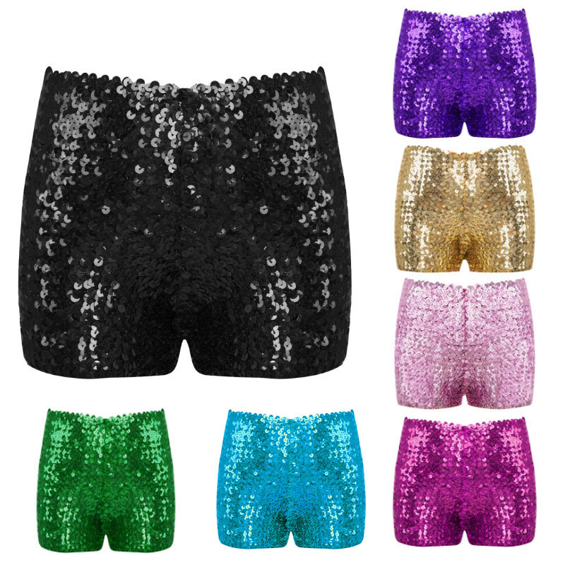 inhzoy Kids Boys Girls Stylish Clothing Good Elastic Shiny Sequins Solid Color Dance Shorts for Stage Performance
