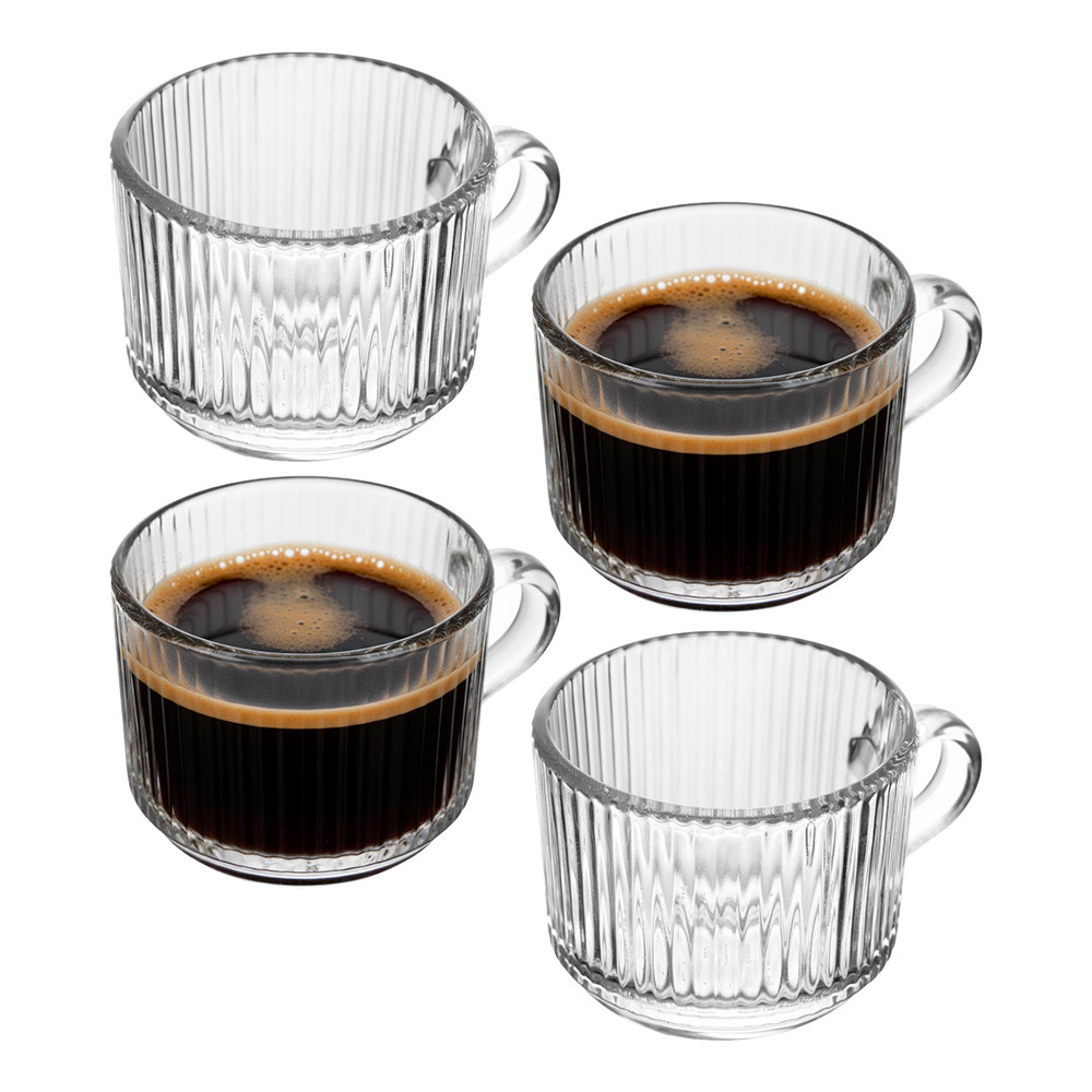 Jogo 4 Xícara de Café de Cristal com Alça Lines Vidro Transparente Canelada 90ml Wolff