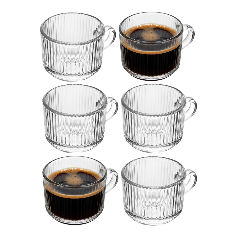 Jogo 6 Xícara de Café de Cristal com Alça Lines Vidro Transparente Canelada 90ml Wolff