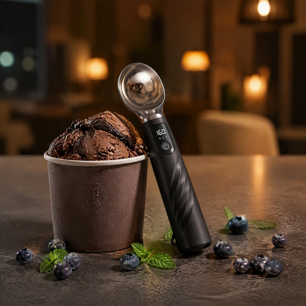 Rechargeable Ice Cream Scoop with Led Display – Self-warming Ergonomic Spoon for Hard Gelato Easy Dessert Kitchen Gadg
