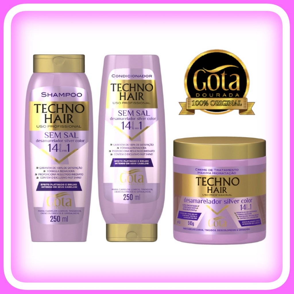 Kit Gota Dourada Technohair Desamarelador Silver Color com Shampoo Condicionador Creme de Tratamento