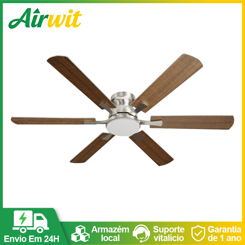 Airwit 52 Inch 6 Pás  Ventilador de Teto com Luminária LED Motor BLDC Controle Remoto Flush Mount Grande Ceiling Fan