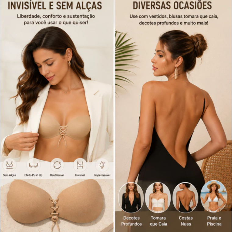 Sutiã Adesivo Push Up Invisível Sem Alças e Sem Costas Reutilizável Bege P ao GG