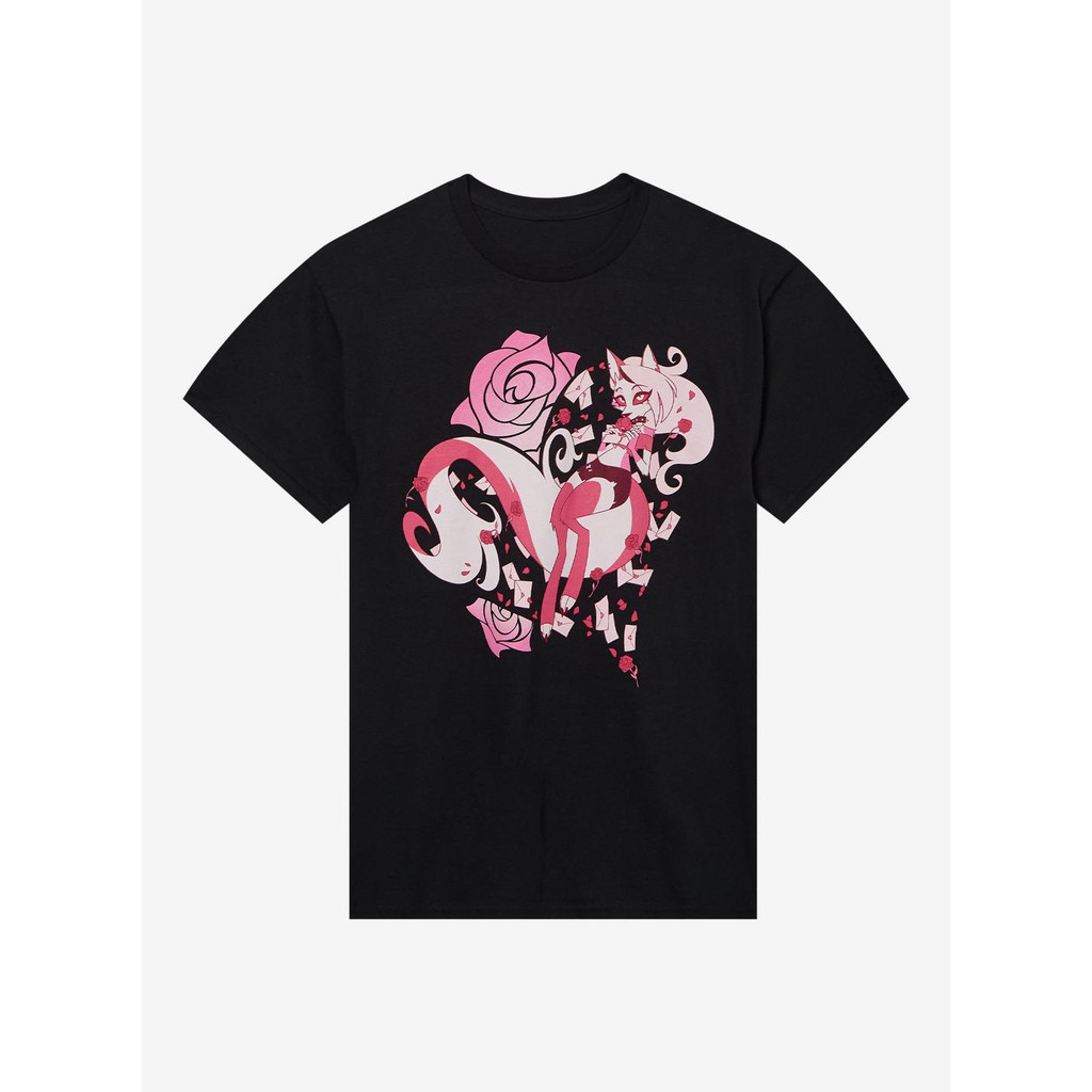 Camiseta Masculina Feminina Hazbin Hotel Angel Dust Rosas Carta Animação T-shirt Unissex Cartoon Envio Imediato