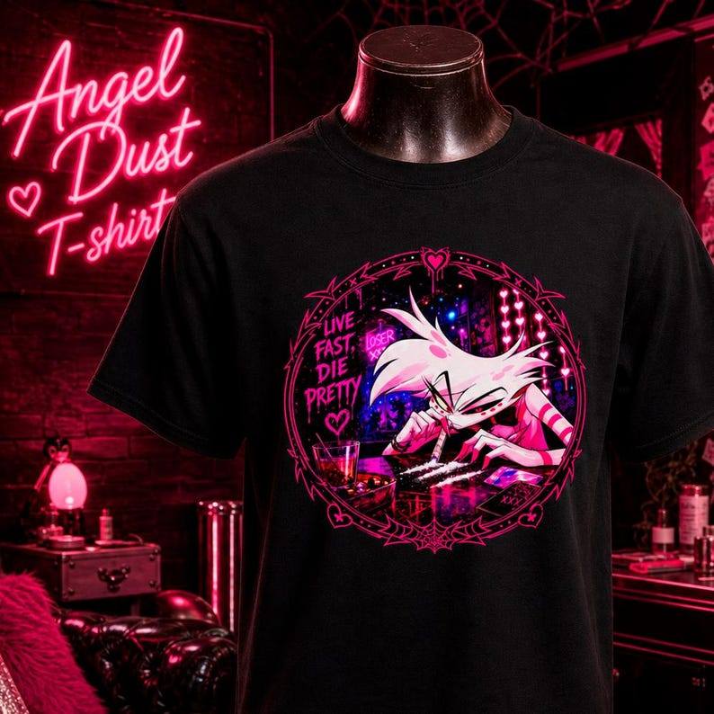Camiseta Angel Dust Hazbin Hotel Personagem Cartoon Gráfico Adulto Unissex Estilosa Moderna Divertida Alt Streetwear