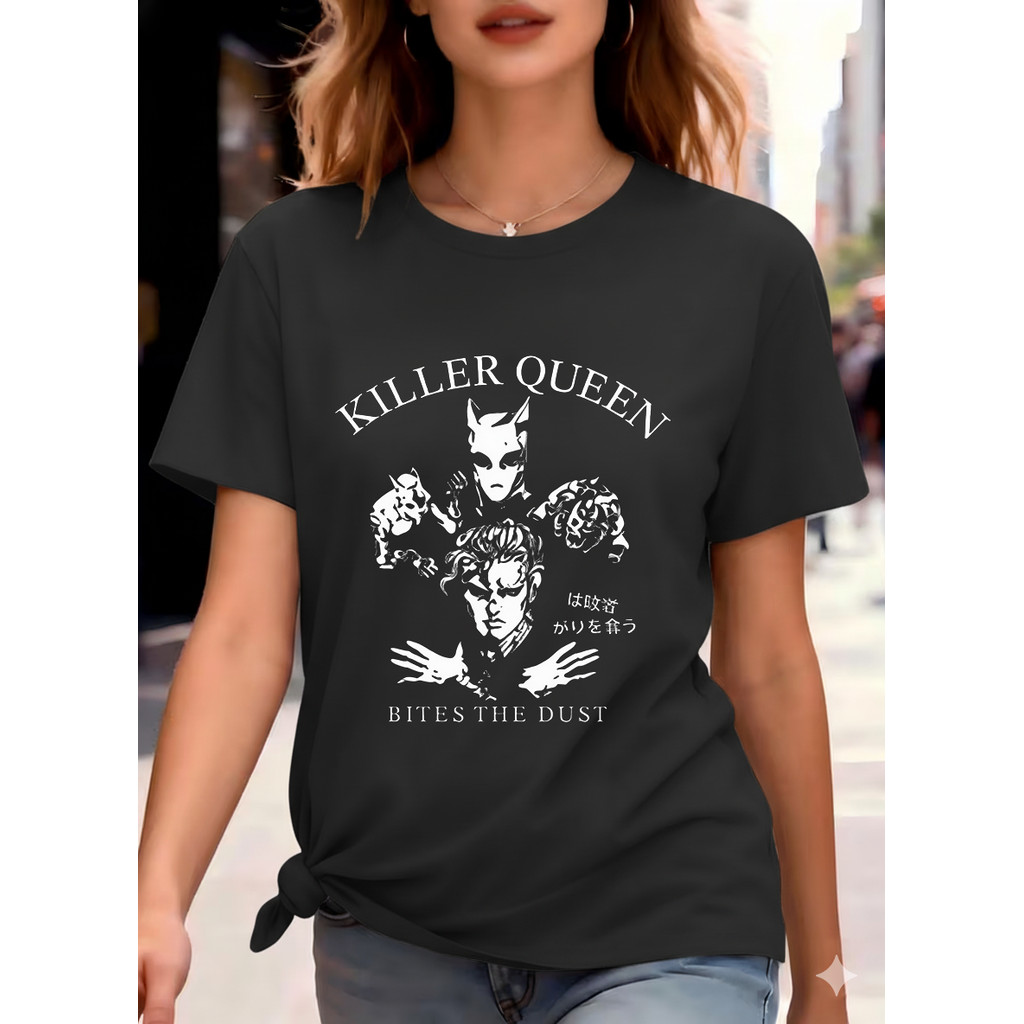Camisa Manga Curta Unissex Branca de Algodão Estampa Killer Queen e Bites The Dust JoJo's Bizarre Adventure
