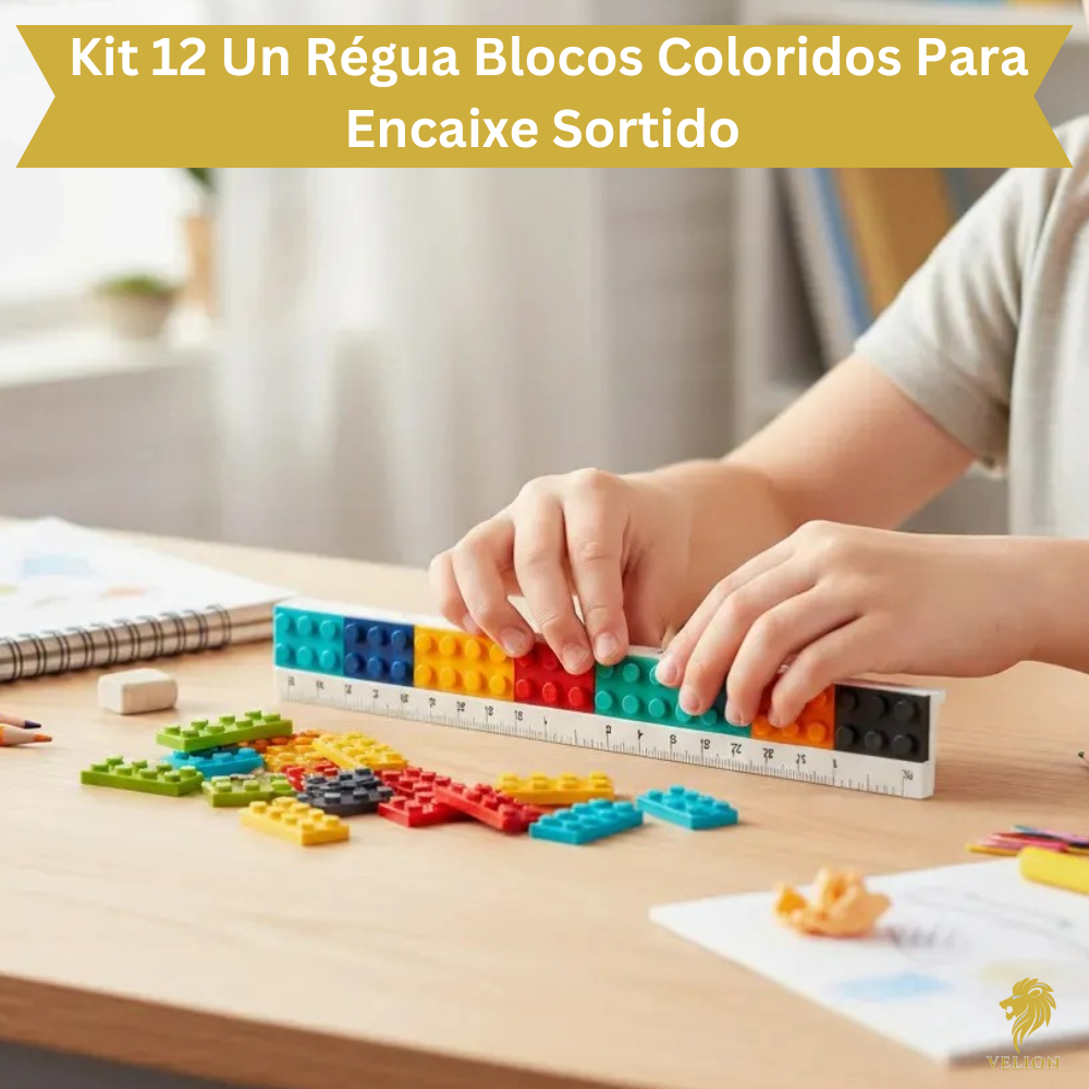 Kit 12 Unidades Régua Educativa Blocos de Montar Coloridos Para Encaixe Ruler Building Block