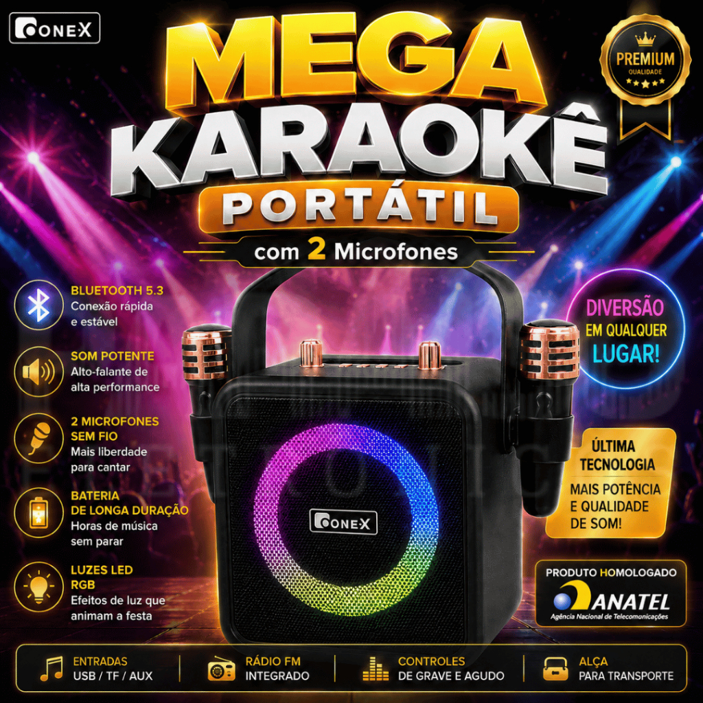 Caixa de Som c/ Karaokê 2 Microfones Premium Bluetooth Portátil 25W Rádio FM TWS USB