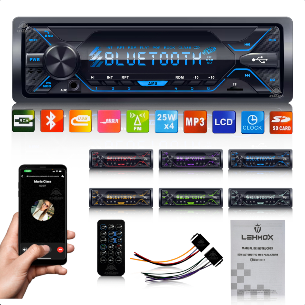 Radio de carro MP3 FM bluetooth Aparelho de som 7 Cores muda de cor 2 entradas USB 4 canais de 25W