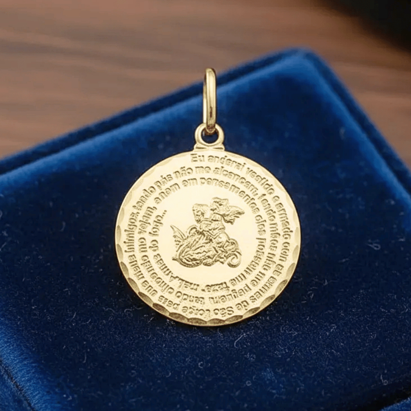 Pingente Medalha 25mm com Oração de São Jorge Semijoia Coleção Religiosos