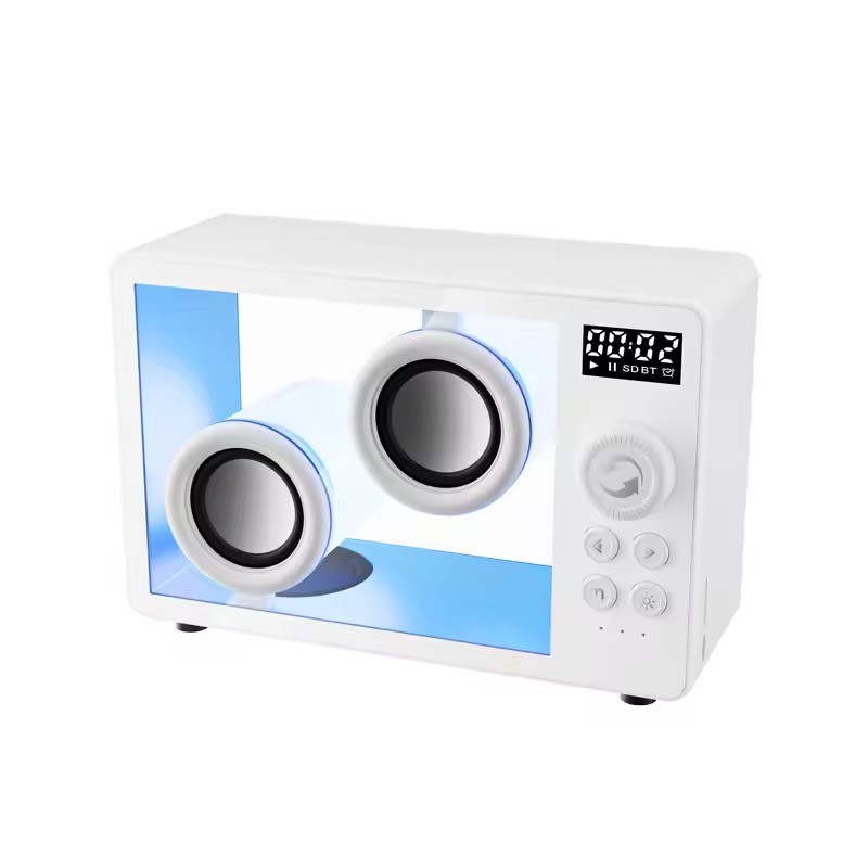 Caixa de Som Transparente Bluetooth com RGB Relógio Mesa Alarme Som Surround Cartão TF Tipo C