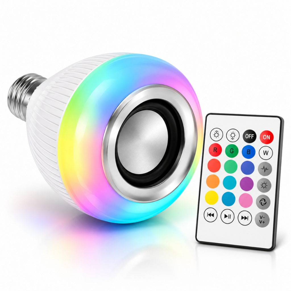 Lâmpada LED RGB Bluetooth 12W Caixa de Som Controle E27 Bivolt