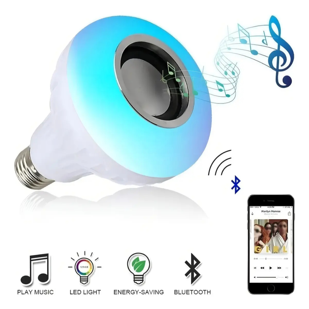 Lâmpada Bluetooth Musical LED RGB Caixa de Som e Controle Remoto 24 Funções 12w