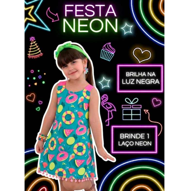 💗 Vestido infantil roupa Neon festa balada juvenil menina fluor brilha na luz negra verão pool party