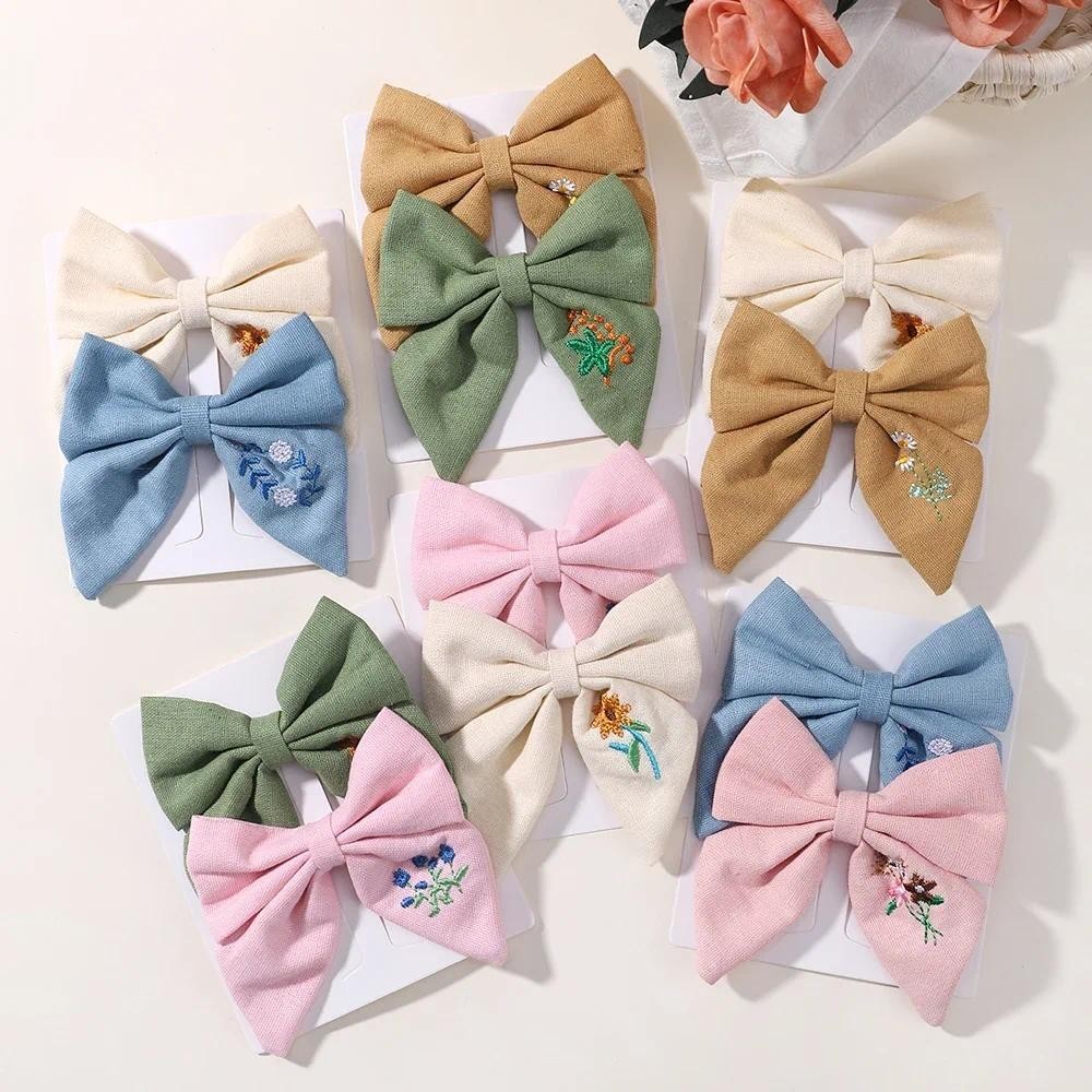 2pcs/set Sweet Embroidery Bow Hair Clips for Kids Solid Colours Girls Handmade Butterfly Hair Accessories