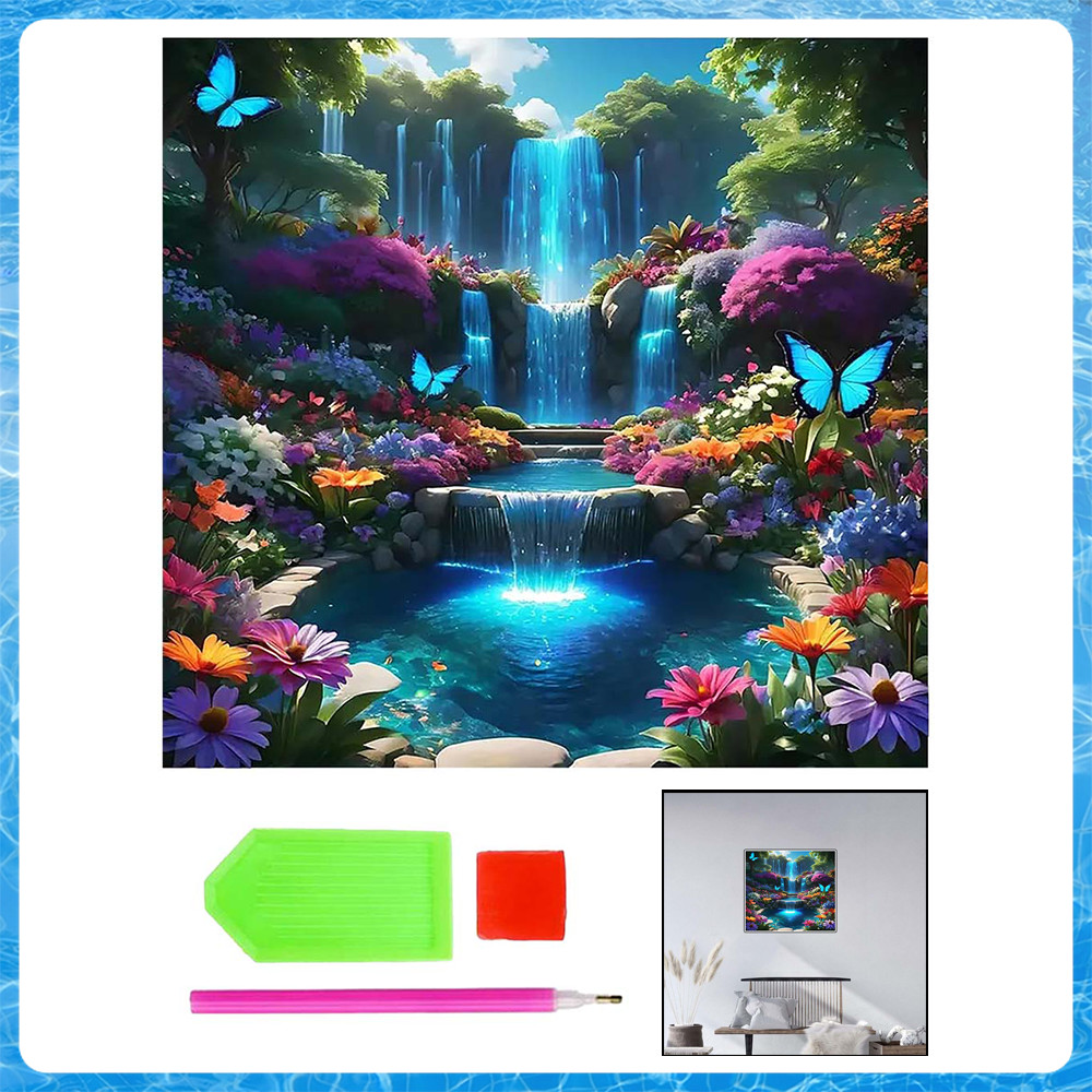 Pintura de Diamante 5D Tema Cachoeira Borboleta 30x30cm – Quadrado Diamante Brilhante, Não Desbota, para Sala e Quarto