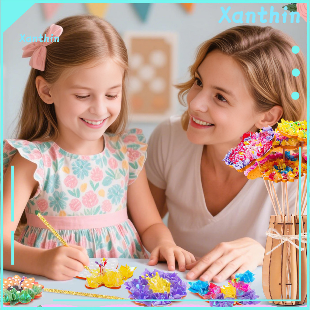 Kids Flower Bouquet Kit Floral Arts 1 Set Poke Art with Butterfly Wooden Vase – Handmade Craft Toy for Toddlers for Ch