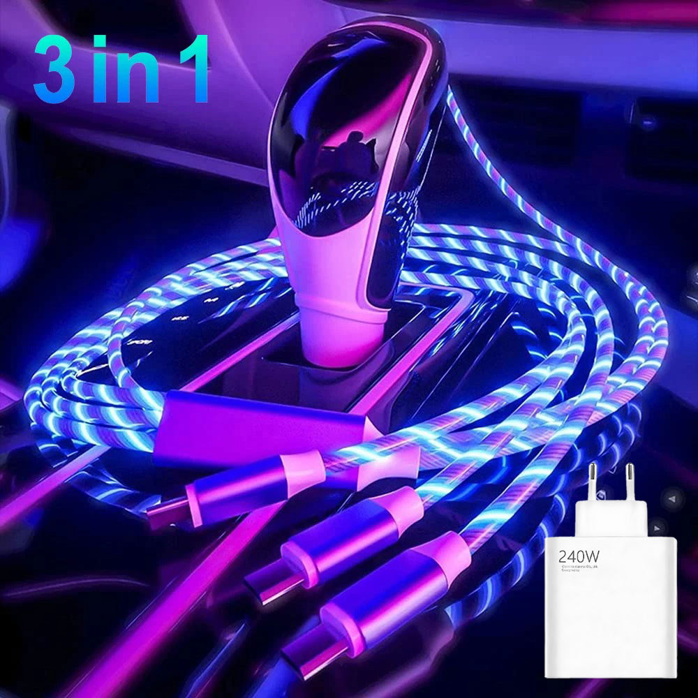 240W Carregador 5A Micro USB/Tipo-C/iPhone Cabo De Carregamento Rápido Streamer Light Com LED De Fluxo Para Celular Andr