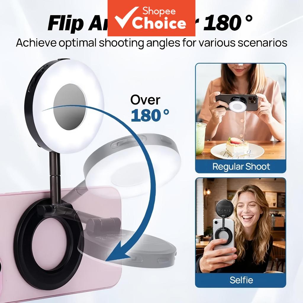 Luz de Anel LED Magnética 360° para iPhone com Espelho, para Selfies, e Chamadas de Vídeo