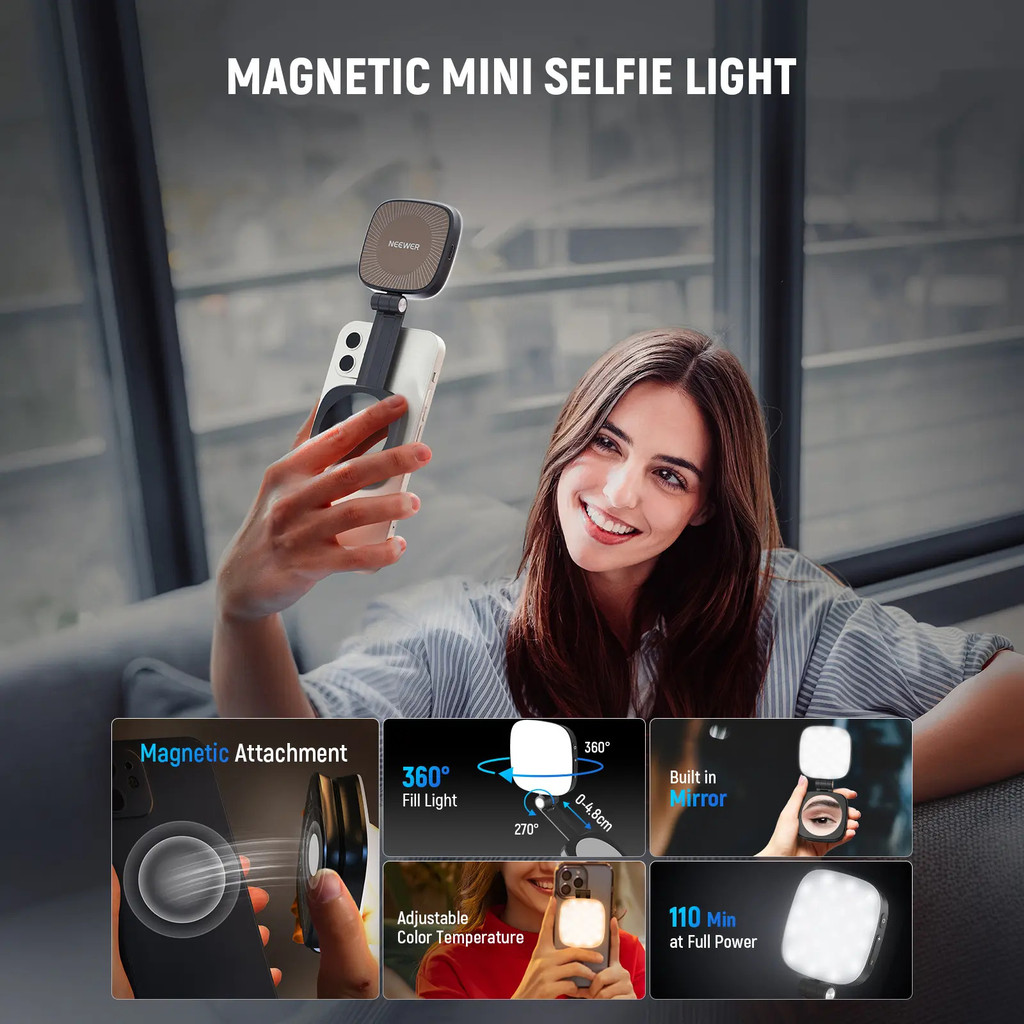 Suporte De Luz Magnética Para Selfie Magsafe Iphone/Android – Ring Light Anel LED Dobrável Com Espelho E Portátil