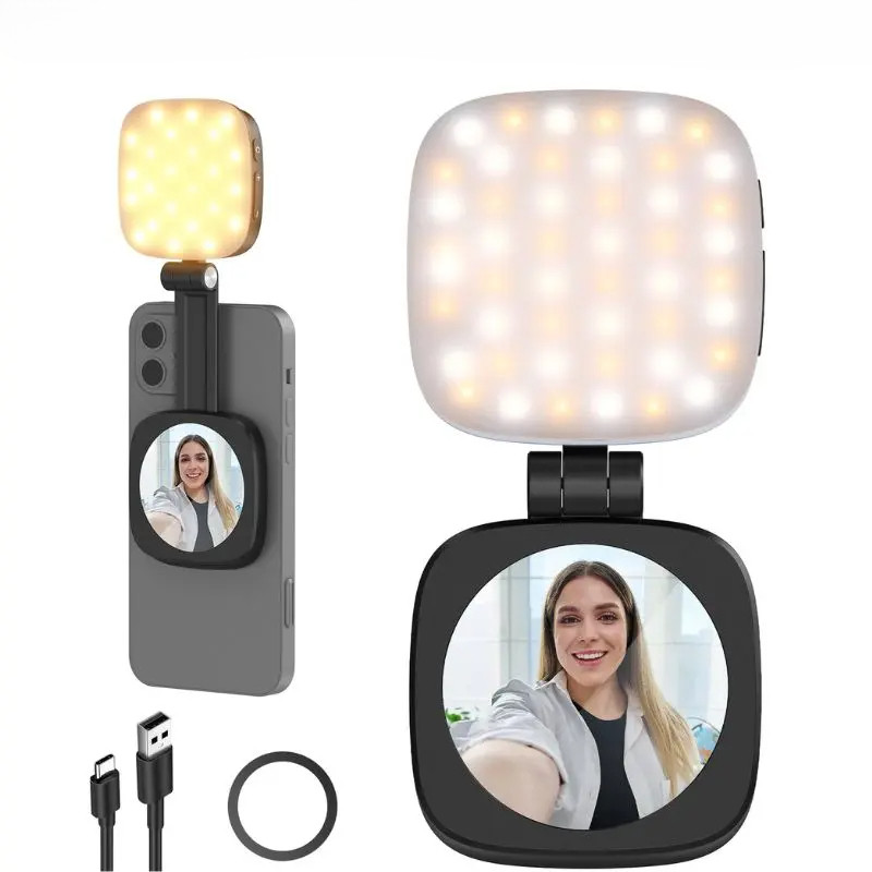 Suporte De Luz Magnética Para Selfie Iphone-Ring Light Anel LED Dobrável Com Espelho E Portátil Recarregável