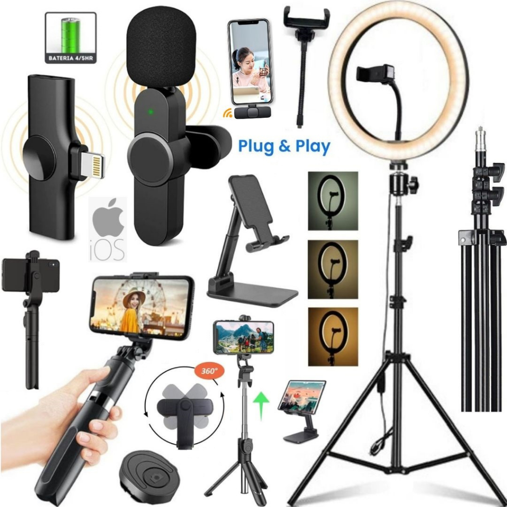 Kit Filmagem Luz Led Ring Light Tripé Microfone Lapela Sem Fio Para Iphone Bastão Controle
